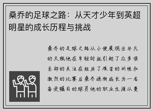 桑乔的足球之路:从天才少年到英超明星的成长历程与挑战